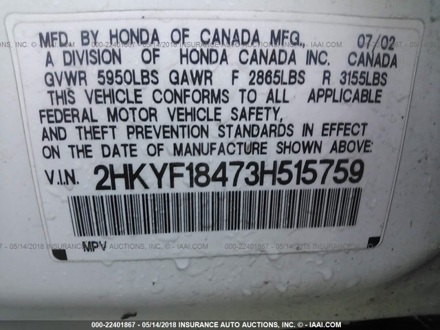 2HKYF18473H515759 - 2003 HONDA PILOT EX WHITE photo 9