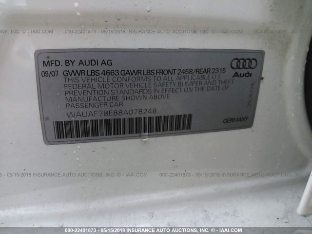 WAUAF78E88A078248 - 2008 AUDI A4 2.0T WHITE photo 9