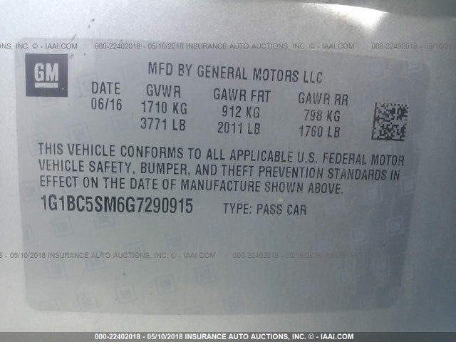 1G1BC5SM6G7290915 - 2016 CHEVROLET CRUZE LS SILVER photo 9