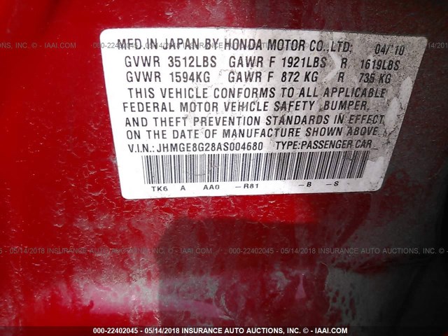 JHMGE8G28AS004680 - 2010 HONDA FIT RED photo 9