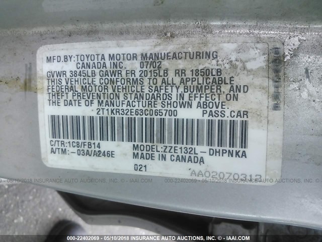 2T1KR32E63C065700 - 2003 TOYOTA COROLLA MATRIX XR SILVER photo 9