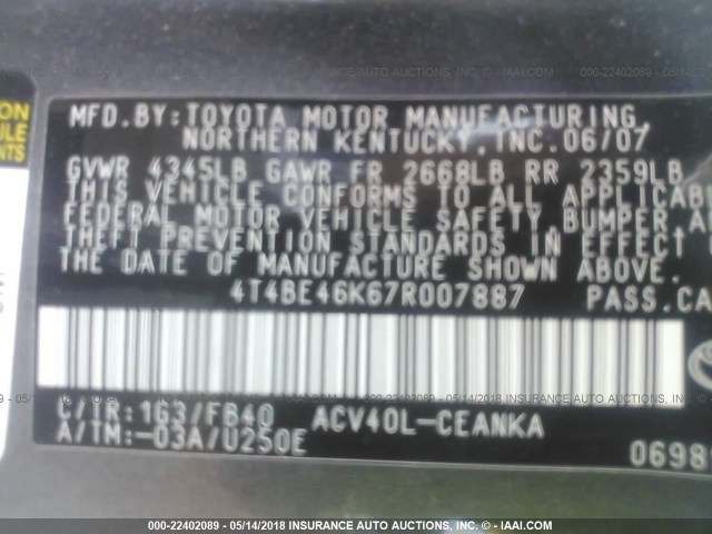 4T4BE46K67R007887 - 2007 TOYOTA CAMRY NEW GENERAT CE/LE/XLE/SE GRAY photo 9