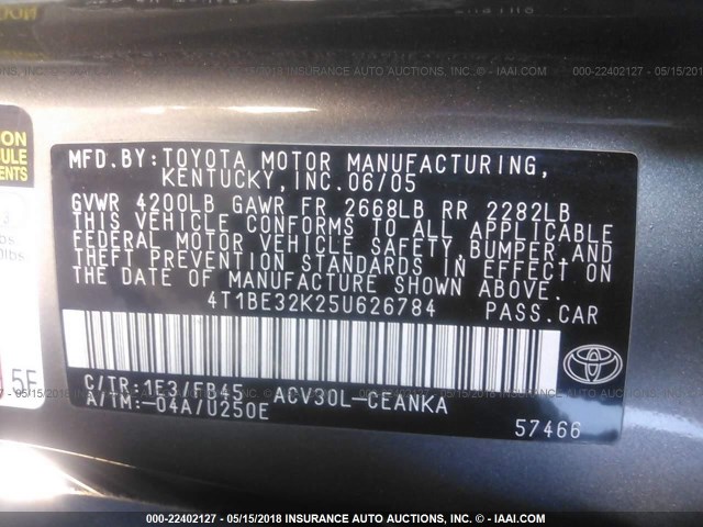 4T1BE32K25U626784 - 2005 TOYOTA CAMRY LE/XLE/SE ნაცრისფერი ფოტო 9