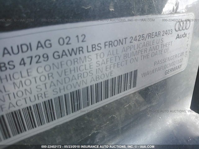 WAUEFAFL0CN021222 - 2012 AUDI A4 PREMIUM PLUS GRAY photo 9