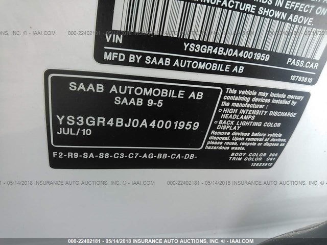 YS3GR4BJ0A4001959 - 2010 SAAB 9-5 AERO WHITE photo 9