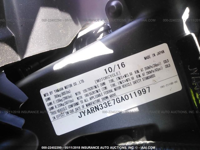 JYARN33E7GA011997 - 2016 YAMAHA FZ09 GRAY photo 10