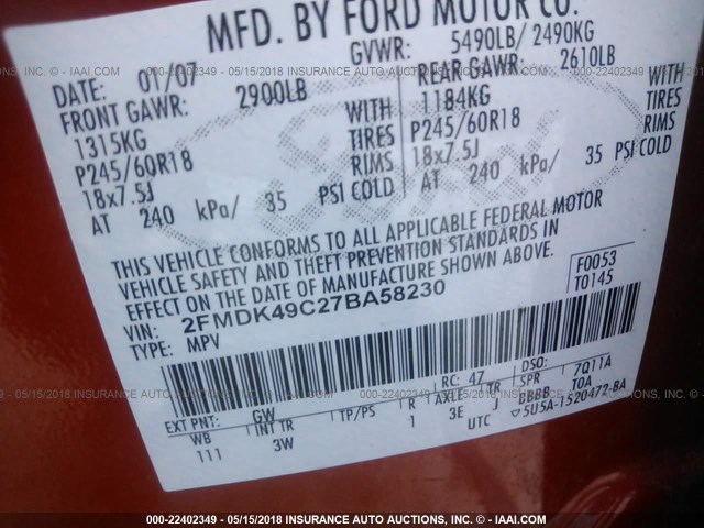 2FMDK49C27BA58230 - 2007 FORD EDGE SEL PLUS ORANGE photo 9