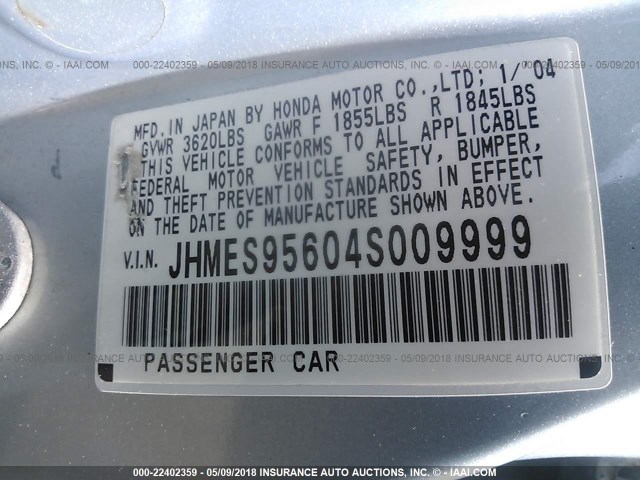 JHMES95604S009999 - 2004 HONDA CIVIC HYBRID Light Blue photo 9