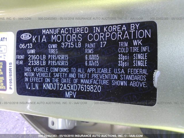 KNDJT2A5XD7619820 - 2013 KIA SOUL GREEN photo 9