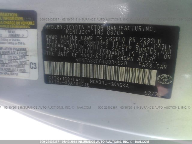 4T1FA38P64U034920 - 2004 TOYOTA CAMRY SOLARA SE/SLE ვერცხლისფერი ფოტო 9