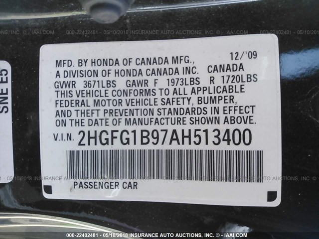2HGFG1B97AH513400 - 2010 HONDA CIVIC EXL შავი ფოტო 9