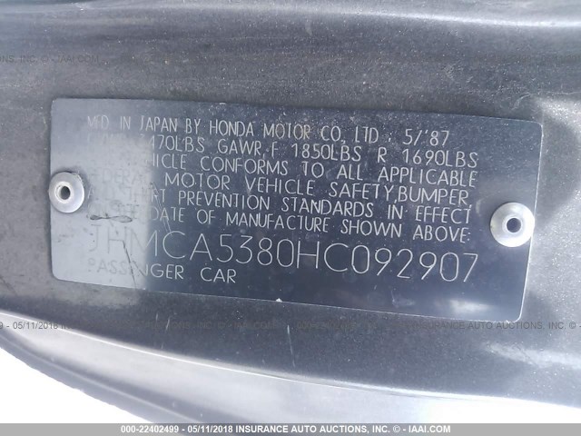 JHMCA5380HC092907 - 1987 HONDA ACCORD LXI GRAY photo 9