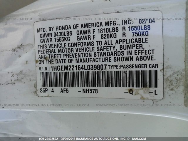 1HGEM22164L039807 - 2004 HONDA CIVIC DX VP WHITE photo 9