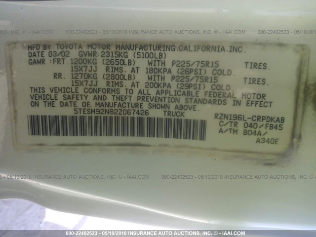 5TESM92N82Z067426 - 2002 TOYOTA TACOMA XTRACAB PRERUNNER თეთრი ფოტო 9