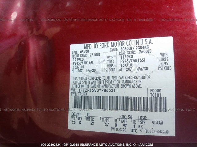 1FTZR15V3YPB65311 - 2000 FORD RANGER SUPER CAB RED photo 9