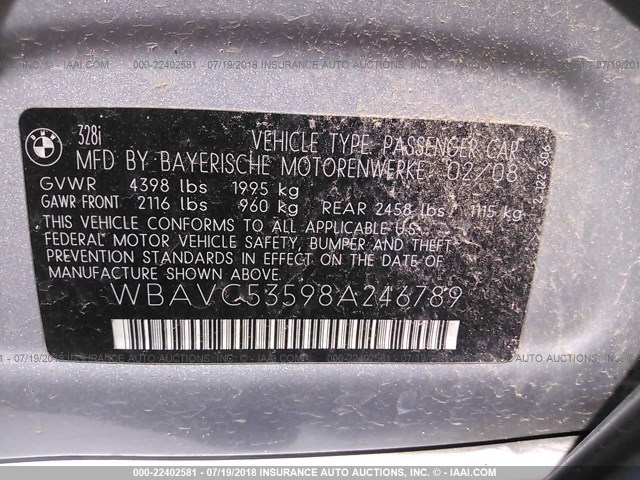 WBAVC53598A246789 - 2008 BMW 328 I SULEV SILVER photo 9