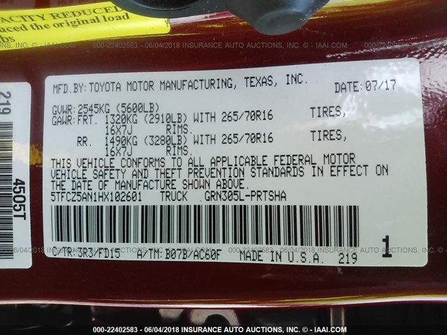 5TFCZ5AN1HX102601 - 2017 TOYOTA TACOMA DBL CAB/SR/TRDSPT/OR/PRO მუქწითელი ფოტო 9