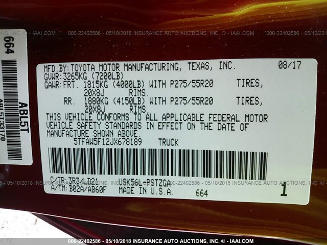 5TFAW5F12JX678189 - 2018 TOYOTA TUNDRA CREWMAX 1794/PLATINUM 红色 照片 9