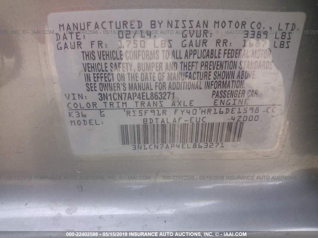 3N1CN7AP4EL863271 - 2014 NISSAN VERSA S/S PLUS/SV/SL GRAY photo 9