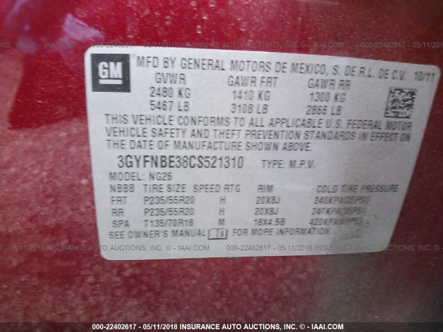 3GYFNBE38CS521310 - 2012 CADILLAC SRX PERFORMANCE COLLECTION Қызыл фото 9