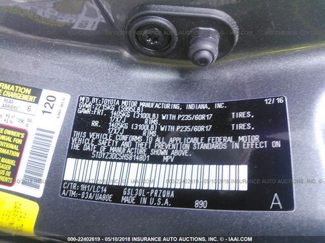 5TDYZ3DC5HS814801 - 2017 TOYOTA SIENNA XLE/LIMITED GRAY photo 9