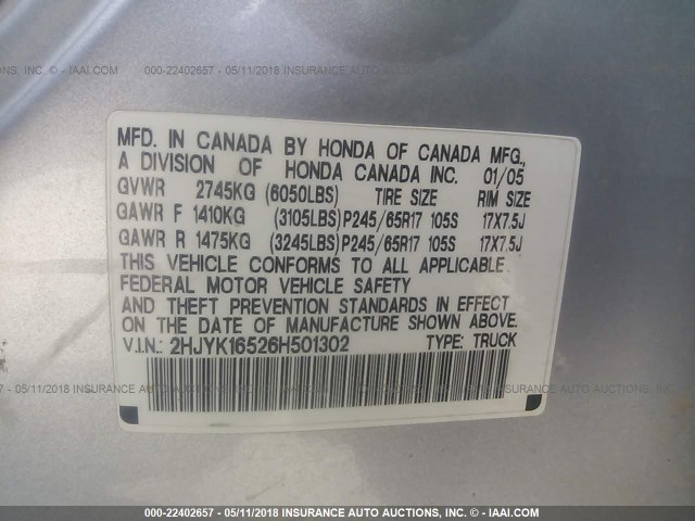 2HJYK16526H501302 - 2006 HONDA RIDGELINE RTL SILVER photo 9