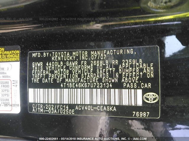 4T1BE46K67U723134 - 2007 TOYOTA CAMRY NEW GENERAT CE/LE/XLE/SE BLACK photo 9
