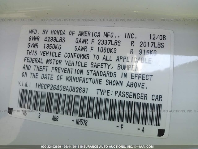 1HGCP26409A082691 - 2009 HONDA ACCORD LXP WHITE photo 9