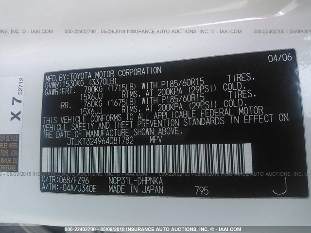 JTLKT324964081782 - 2006 TOYOTA SCION XB WHITE photo 9