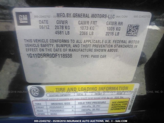 1G11D5RR9DF118938 - 2013 CHEVROLET MALIBU 1LT 黑色 照片 9