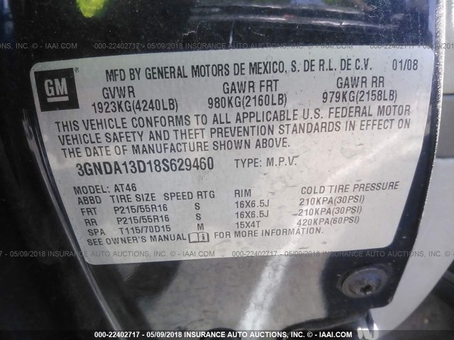 3GNDA13D18S629460 - 2008 CHEVROLET HHR LS BLUE photo 9