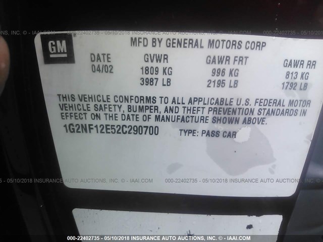 1G2NF12E52C290700 - 2002 PONTIAC GRAND AM SE1 MAROON photo 9