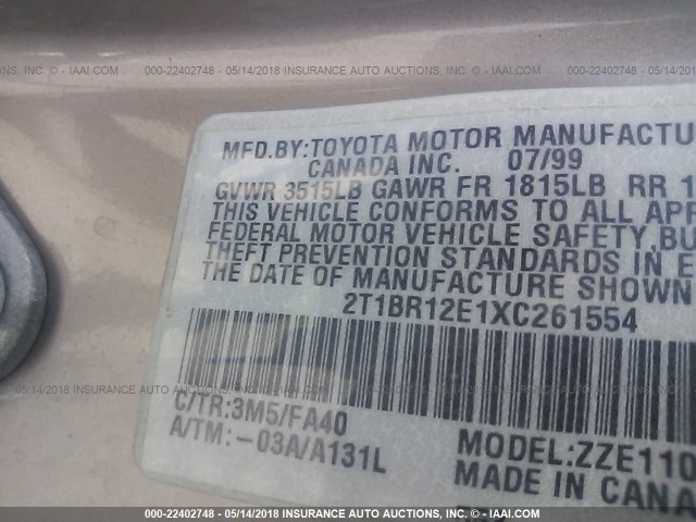 2T1BR12E1XC261554 - 1999 TOYOTA COROLLA VE/CE/LE 棕色 照片 9