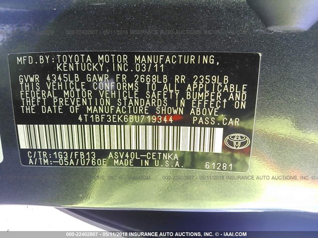 4T1BF3EK6BU719344 - 2011 TOYOTA CAMRY SE/LE/XLE ნაცრისფერი ფოტო 9