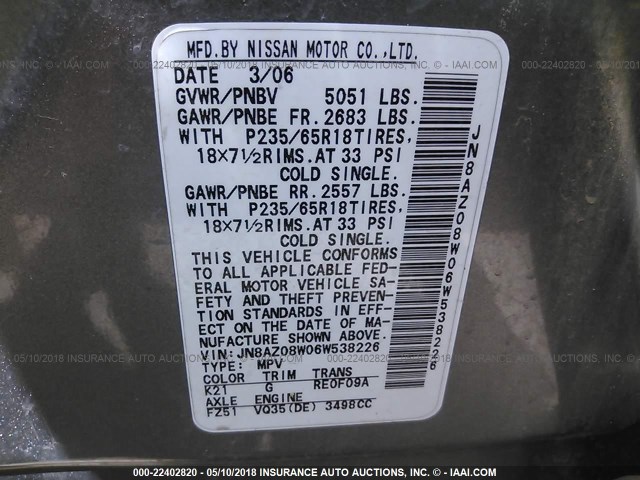 JN8AZ08W06W538226 - 2006 NISSAN MURANO SL/SE/S GRAY photo 9