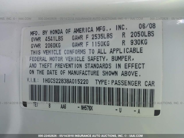 1HGCS22838A015220 - 2008 HONDA ACCORD EXL WHITE photo 9