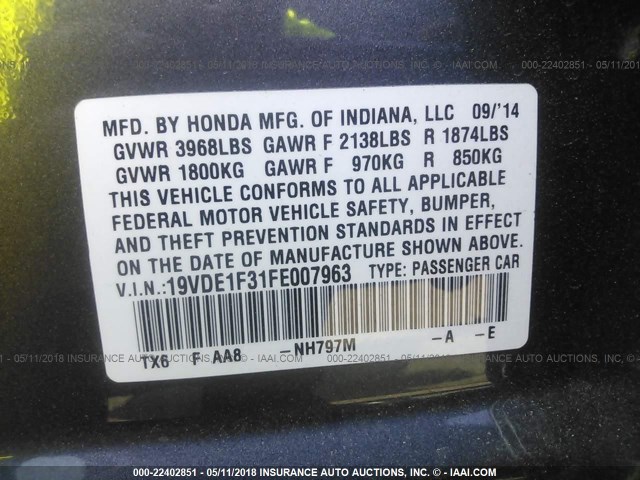 19VDE1F31FE007963 - 2015 ACURA ILX 20 GRAY photo 9