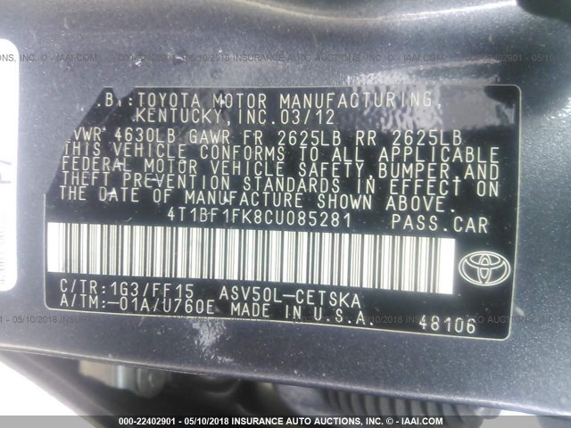 4T1BF1FK8CU085281 - 2012 TOYOTA CAMRY SE/LE/XLE 灰色 照片 9