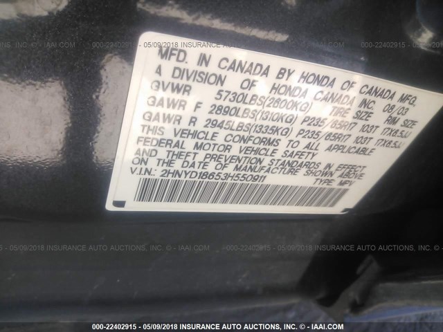 2HNYD18653H550911 - 2003 ACURA MDX TOURING GRAY photo 9