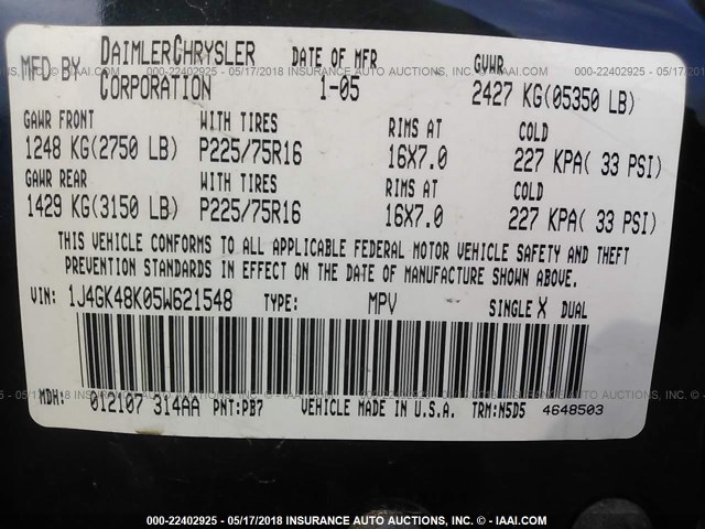 1J4GK48K05W621548 - 2005 JEEP LIBERTY SPORT 蓝色 照片 9