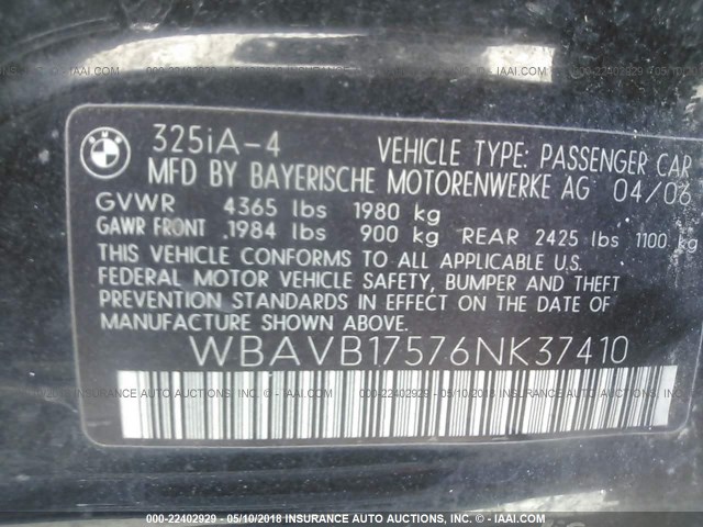 WBAVB17576NK37410 - 2006 BMW 325 I AUTOMATIC BLACK photo 9