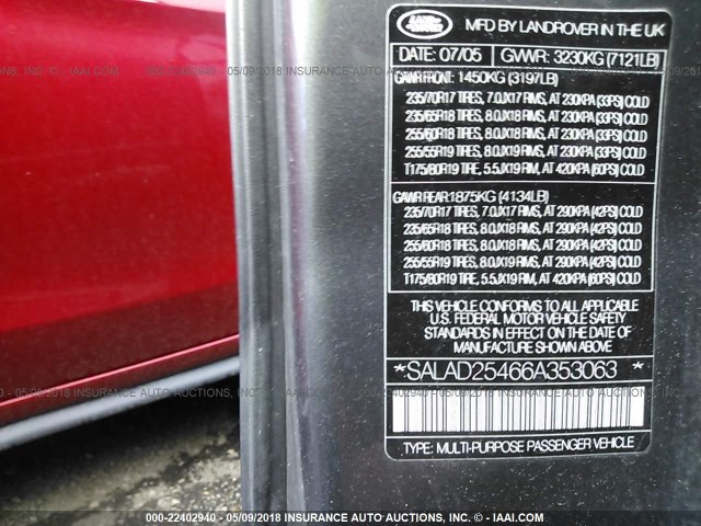 SALAD25466A353063 - 2006 LAND ROVER LR3 SE GRAY photo 9