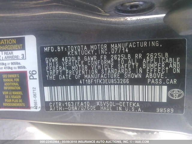 4T1BF1FK3EU853266 - 2014 TOYOTA CAMRY L/SE/LE/XLE GRAY photo 9