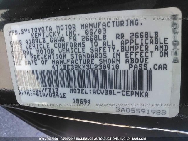 4T1BE32KX3U230910 - 2003 TOYOTA CAMRY LE/XLE/SE შავი ფოტო 9