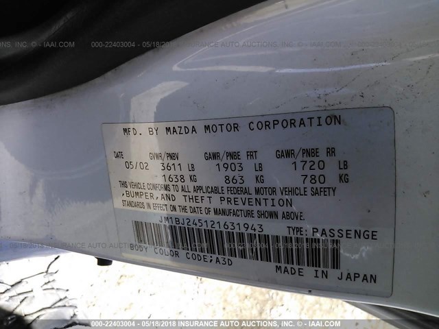 JM1BJ245121631943 - 2002 MAZDA PROTEGE PR5 白色 照片 9