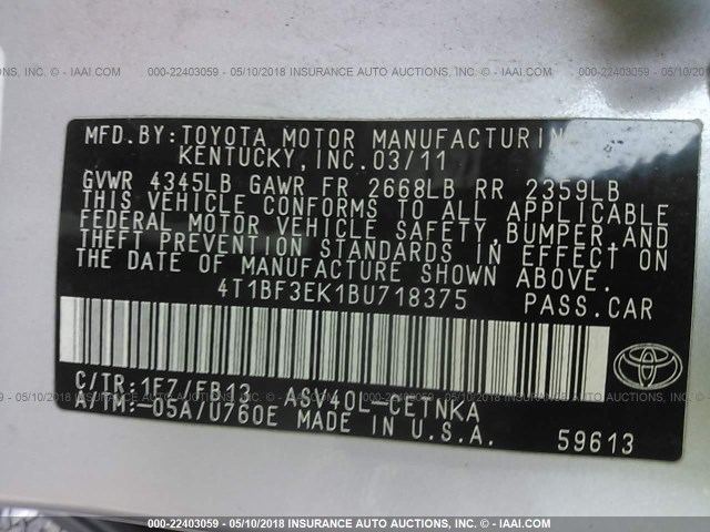 4T1BF3EK1BU718375 - 2011 TOYOTA CAMRY SE/LE/XLE SILVER photo 9