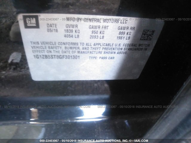 1G1ZB5ST8GF301301 - 2016 CHEVROLET MALIBU LS BLACK photo 9