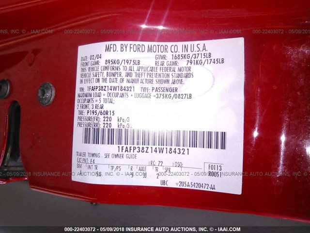 1FAFP38Z14W184321 - 2004 FORD FOCUS ZTS RED photo 9
