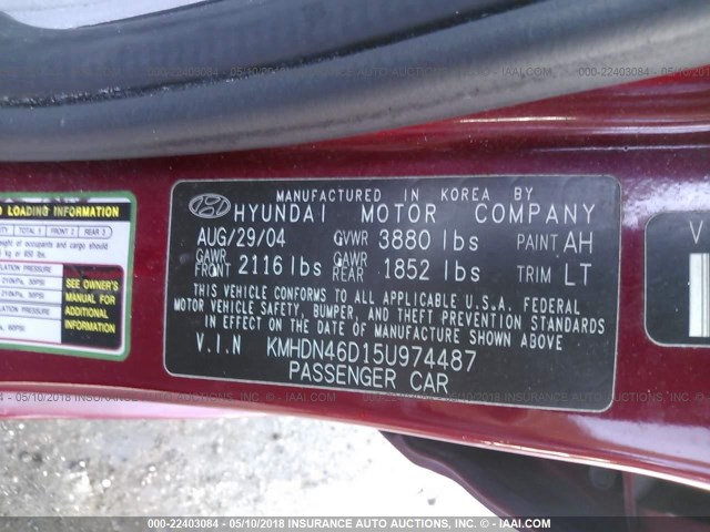 KMHDN46D15U974487 - 2005 HYUNDAI ELANTRA GLS/GT RED photo 9