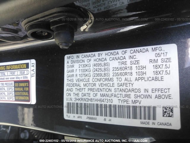 2HKRW2H81HH647310 - 2017 HONDA CR-V EXL GRAY photo 9